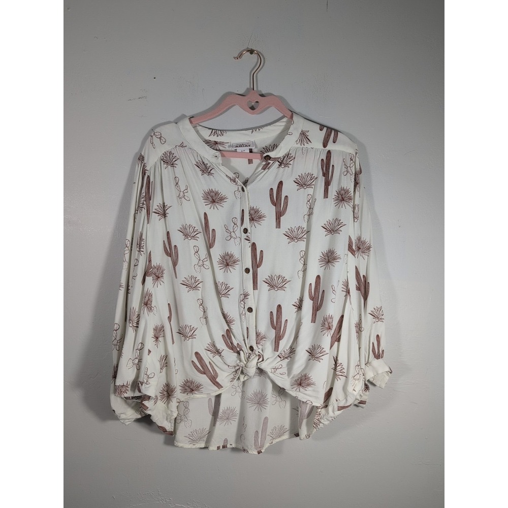 Ariat Western Cactus Tumbleweed Print Tie Front BalloonSleeve Button Up Shirt S